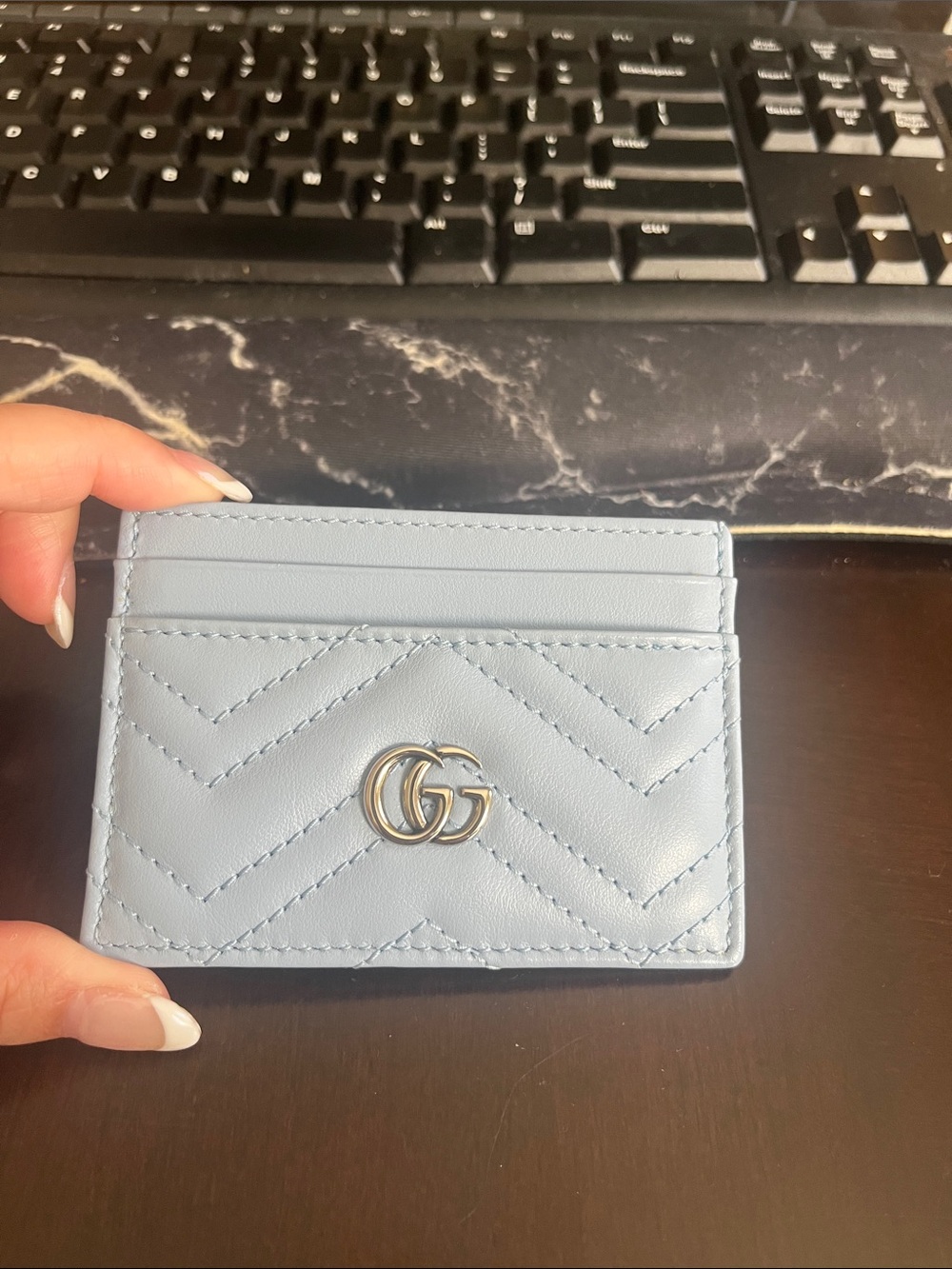 Gucci Baby Blue Quilted GG Marmont Card Holder